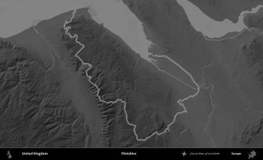 Flintshire 'da. Birleşik Krallık 'ın gri ölçekli yükseklik haritasında özetlenmiş idari alanı