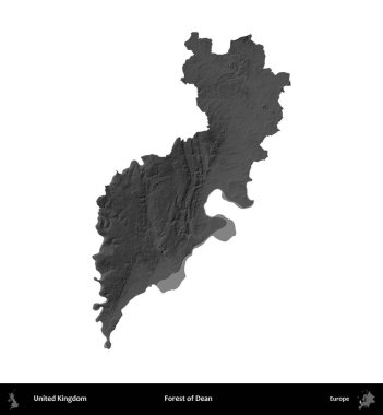 Dean Ormanı. Birleşik Krallık 'ın idari alanı gri ölçekli yükseklik haritasında beyaza izole edildi