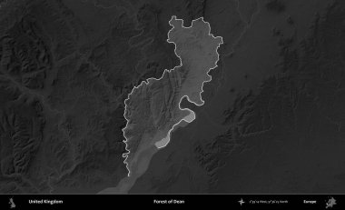Dean Ormanı. Birleşik Krallık 'ın idari alanı kararmış bir gri tonlama yükselme haritasına vurgulanmış ve özetlenmiştir