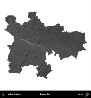 Glasgow Şehri. Birleşik Krallık 'ın idari alanı gri ölçekli yükseklik haritasında beyaza izole edildi