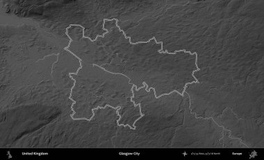Glasgow Şehri. Birleşik Krallık 'ın gri ölçekli yükseklik haritasında özetlenmiş idari alanı