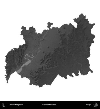 Gloucestershire 'da. Birleşik Krallık 'ın idari alanı gri ölçekli yükseklik haritasında beyaza izole edildi