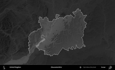 Gloucestershire 'da. Birleşik Krallık 'ın idari alanı kararmış bir gri tonlama yükselme haritasına vurgulanmış ve özetlenmiştir