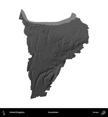Gravesham. Birleşik Krallık 'ın idari alanı gri ölçekli yükseklik haritasında beyaza izole edildi