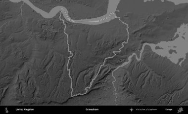 Gravesham. Birleşik Krallık 'ın gri ölçekli yükseklik haritasında özetlenmiş idari alanı