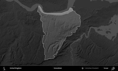 Gravesham. Birleşik Krallık 'ın idari alanı kararmış bir gri tonlama yükselme haritasına vurgulanmış ve özetlenmiştir