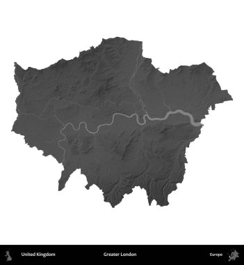 Büyük Londra. Birleşik Krallık 'ın idari alanı gri ölçekli yükseklik haritasında beyaza izole edildi