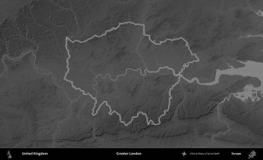Büyük Londra. Birleşik Krallık 'ın gri ölçekli yükseklik haritasında özetlenmiş idari alanı