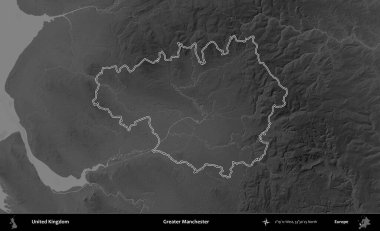 Daha büyük Manchester. Birleşik Krallık 'ın gri ölçekli yükseklik haritasında özetlenmiş idari alanı