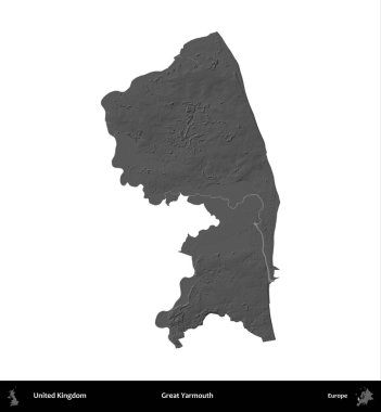 Yüce Yarmouth. Birleşik Krallık 'ın idari alanı gri ölçekli yükseklik haritasında beyaza izole edildi