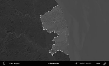 Yüce Yarmouth. Birleşik Krallık 'ın idari alanı kararmış bir gri tonlama yükselme haritasına vurgulanmış ve özetlenmiştir