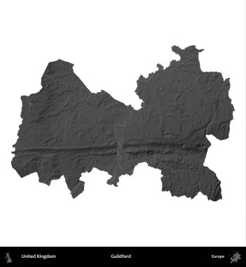 Guildford. Birleşik Krallık 'ın idari alanı gri ölçekli yükseklik haritasında beyaza izole edildi