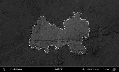 Guildford. Birleşik Krallık 'ın idari alanı kararmış bir gri tonlama yükselme haritasına vurgulanmış ve özetlenmiştir