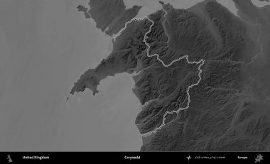 Gwynedd. Birleşik Krallık 'ın gri ölçekli yükseklik haritasında özetlenmiş idari alanı