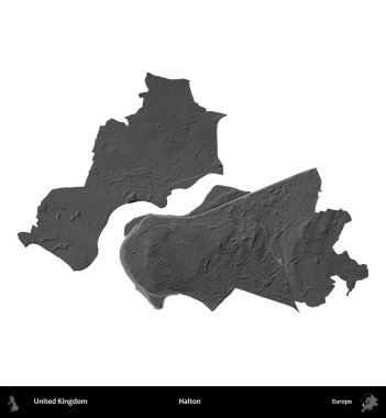 Halton. Birleşik Krallık 'ın idari alanı gri ölçekli yükseklik haritasında beyaza izole edildi