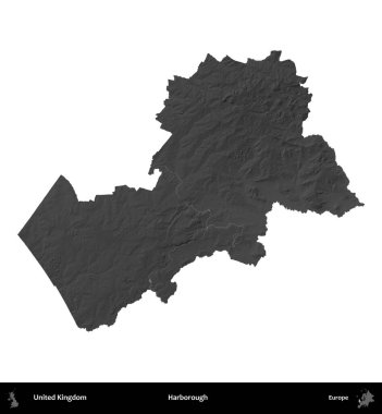 Harborough 'da. Birleşik Krallık 'ın idari alanı gri ölçekli yükseklik haritasında beyaza izole edildi