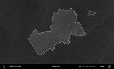Harborough 'da. Birleşik Krallık 'ın idari alanı kararmış bir gri tonlama yükselme haritasına vurgulanmış ve özetlenmiştir