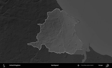 Hartlepool 'da. Birleşik Krallık 'ın idari alanı kararmış bir gri tonlama yükselme haritasına vurgulanmış ve özetlenmiştir