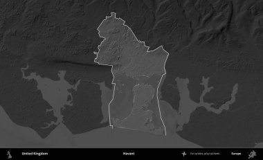 Havant. Birleşik Krallık 'ın idari alanı kararmış bir gri tonlama yükselme haritasına vurgulanmış ve özetlenmiştir