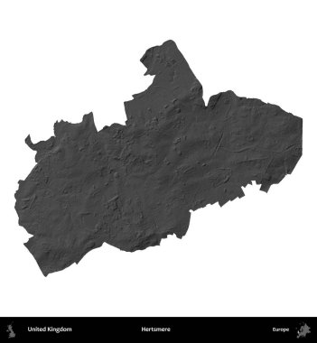 Hertsmere. Birleşik Krallık 'ın idari alanı gri ölçekli yükseklik haritasında beyaza izole edildi