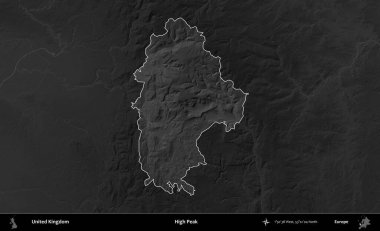 Yüksek Tepe. Birleşik Krallık 'ın idari alanı kararmış bir gri tonlama yükselme haritasına vurgulanmış ve özetlenmiştir