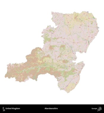 Aberdeenshire 'da. Birleşik Krallık 'ın idari alanı OpenStreetMap Standart biçim haritasında beyazda izole edildi