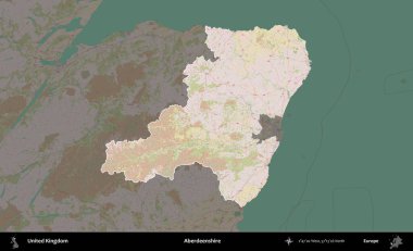 Aberdeenshire 'da. Birleşik Krallık 'ın idari alanı koyu renk bir OpenStreetMap Standart Haritası üzerine vurgulanmış ve özetlenmiştir