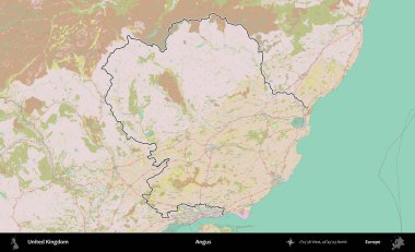 Angus. Birleşik Krallık 'ın bir OpenStreetMap Standart biçim haritasında özetlenmiş idari alanı