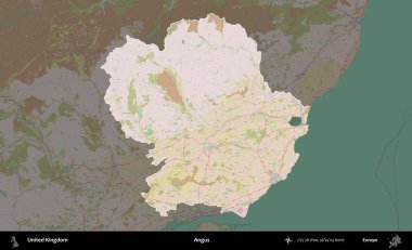 Angus. Birleşik Krallık 'ın idari alanı koyu renk bir OpenStreetMap Standart Haritası üzerine vurgulanmış ve özetlenmiştir