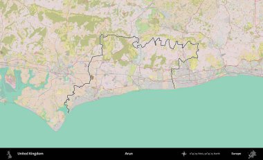 Arun. Birleşik Krallık 'ın bir OpenStreetMap Standart biçim haritasında özetlenmiş idari alanı