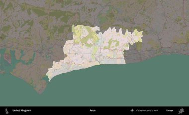 Arun. Birleşik Krallık 'ın idari alanı koyu renk bir OpenStreetMap Standart Haritası üzerine vurgulanmış ve özetlenmiştir