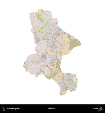 Ashfield. Birleşik Krallık 'ın idari alanı OpenStreetMap Standart biçim haritasında beyazda izole edildi