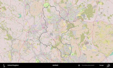 Ashfield. Birleşik Krallık 'ın bir OpenStreetMap Standart biçim haritasında özetlenmiş idari alanı