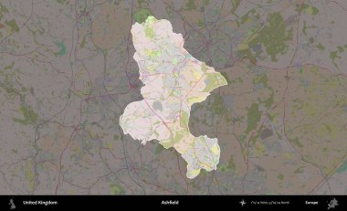 Ashfield. Birleşik Krallık 'ın idari alanı koyu renk bir OpenStreetMap Standart Haritası üzerine vurgulanmış ve özetlenmiştir