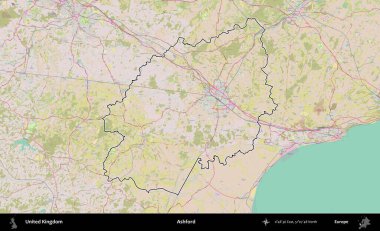 Ashford. Birleşik Krallık 'ın bir OpenStreetMap Standart biçim haritasında özetlenmiş idari alanı
