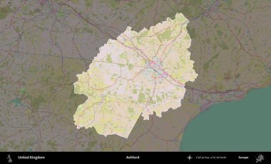 Ashford. Birleşik Krallık 'ın idari alanı koyu renk bir OpenStreetMap Standart Haritası üzerine vurgulanmış ve özetlenmiştir