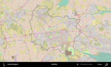 Basildon. Birleşik Krallık 'ın bir OpenStreetMap Standart biçim haritasında özetlenmiş idari alanı