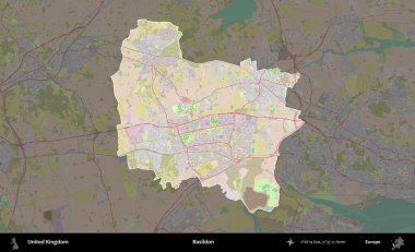 Basildon. Birleşik Krallık 'ın idari alanı koyu renk bir OpenStreetMap Standart Haritası üzerine vurgulanmış ve özetlenmiştir