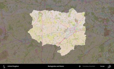 Basingstoke ve Deane. Birleşik Krallık 'ın idari alanı koyu renk bir OpenStreetMap Standart Haritası üzerine vurgulanmış ve özetlenmiştir