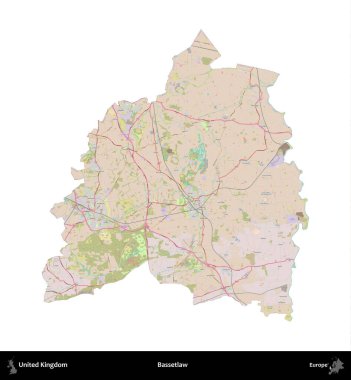 Bassetlaw. Birleşik Krallık 'ın idari alanı OpenStreetMap Standart biçim haritasında beyazda izole edildi