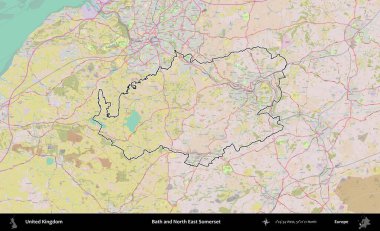 Bath ve Kuzey Doğu Somerset. Birleşik Krallık 'ın bir OpenStreetMap Standart biçim haritasında özetlenmiş idari alanı