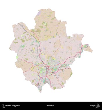 Bedford. Birleşik Krallık 'ın idari alanı OpenStreetMap Standart biçim haritasında beyazda izole edildi