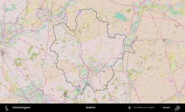 Bedford. Birleşik Krallık 'ın bir OpenStreetMap Standart biçim haritasında özetlenmiş idari alanı
