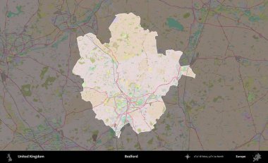Bedford. Birleşik Krallık 'ın idari alanı koyu renk bir OpenStreetMap Standart Haritası üzerine vurgulanmış ve özetlenmiştir