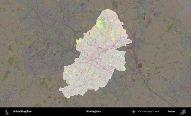 Birmingham. Birleşik Krallık 'ın idari alanı koyu renk bir OpenStreetMap Standart Haritası üzerine vurgulanmış ve özetlenmiştir