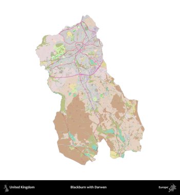 Blackburn ve Darwen. Birleşik Krallık 'ın idari alanı OpenStreetMap Standart biçim haritasında beyazda izole edildi