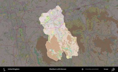 Blackburn ve Darwen. Birleşik Krallık 'ın idari alanı koyu renk bir OpenStreetMap Standart Haritası üzerine vurgulanmış ve özetlenmiştir