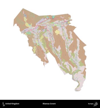 Blaenau Gwent. Birleşik Krallık 'ın idari alanı OpenStreetMap Standart biçim haritasında beyazda izole edildi