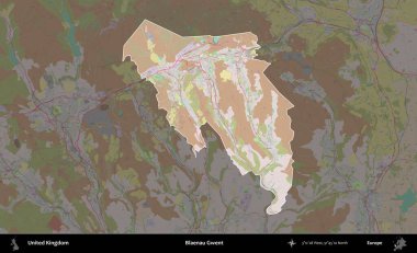 Blaenau Gwent. Birleşik Krallık 'ın idari alanı koyu renk bir OpenStreetMap Standart Haritası üzerine vurgulanmış ve özetlenmiştir