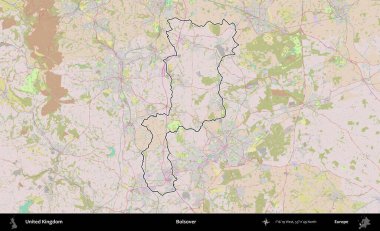 Bolsover. Birleşik Krallık 'ın bir OpenStreetMap Standart biçim haritasında özetlenmiş idari alanı